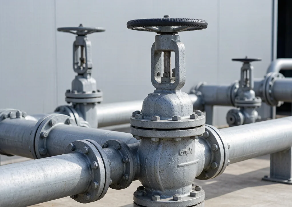 Flanged gate valve with a bolted flange connection installed in a process piping system